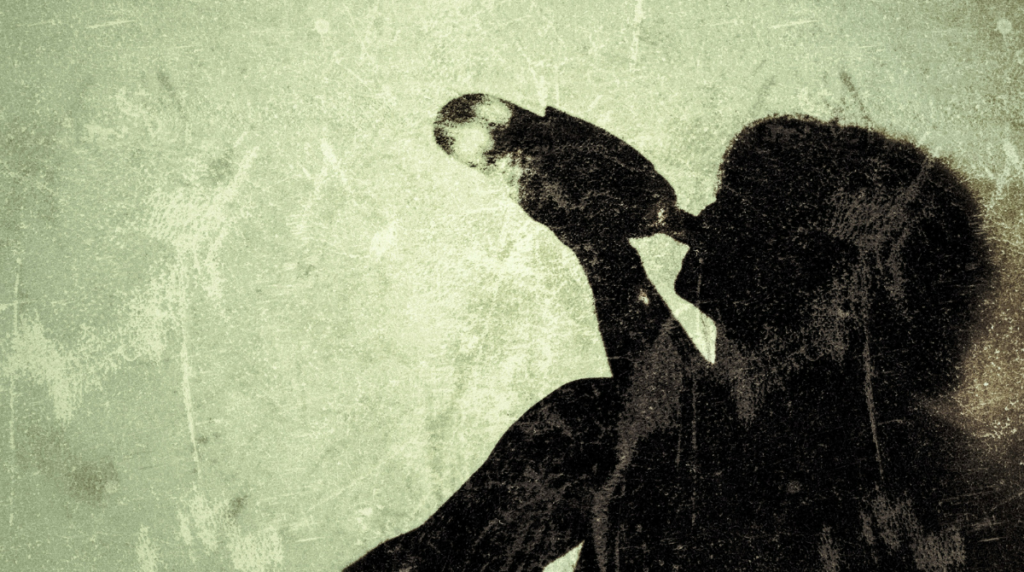stylized image of shadow silhouette drinking from glass bottle